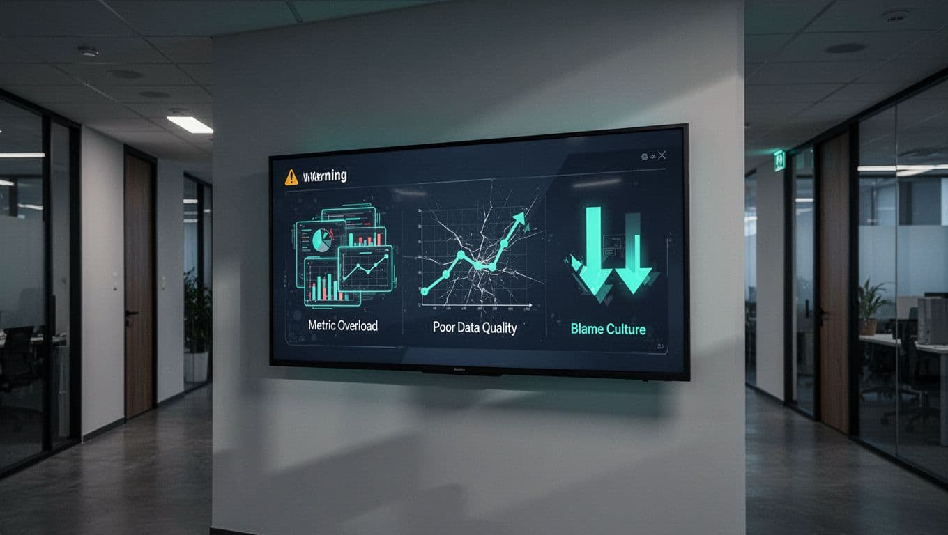 Dim-lit office monitor shows simple dashboard with warning icons for metric overload, broken graph, and red downward arrows.