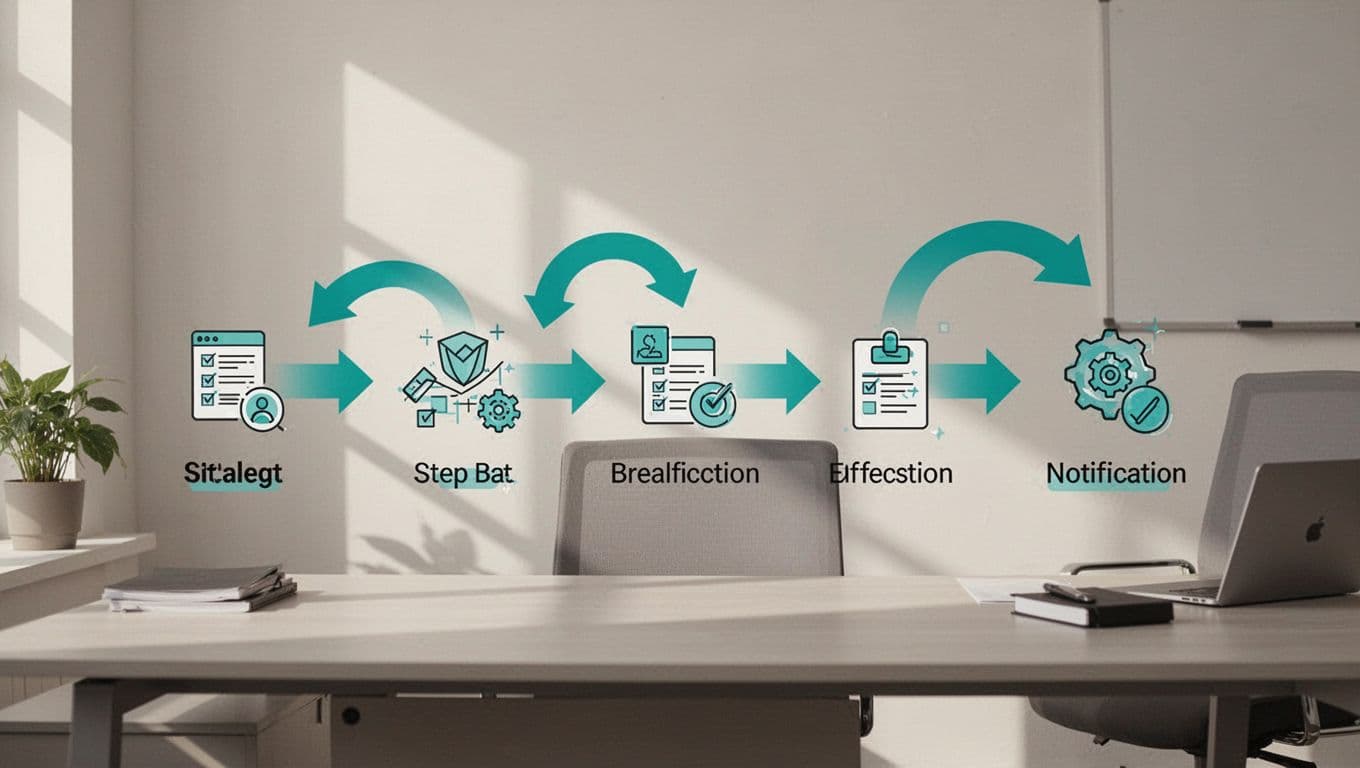 Step-by-step flowchart with icons for incident detection, impact assessment, regulator notification, consumer informing, and review, linked by green-accented arrows on subtle office background.