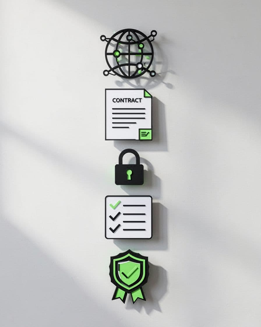 Vertical stack of five icons: globe data map, contract document, security lock, audit checklist, training badge on minimal background.