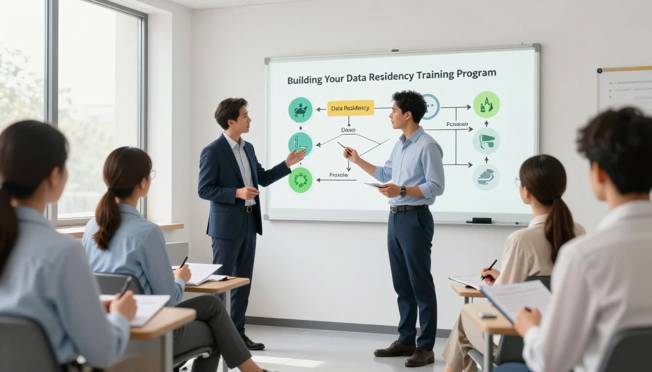 Four compliance officers in modern training room; one presents data flow diagram with country icons on whiteboard, others take notes.