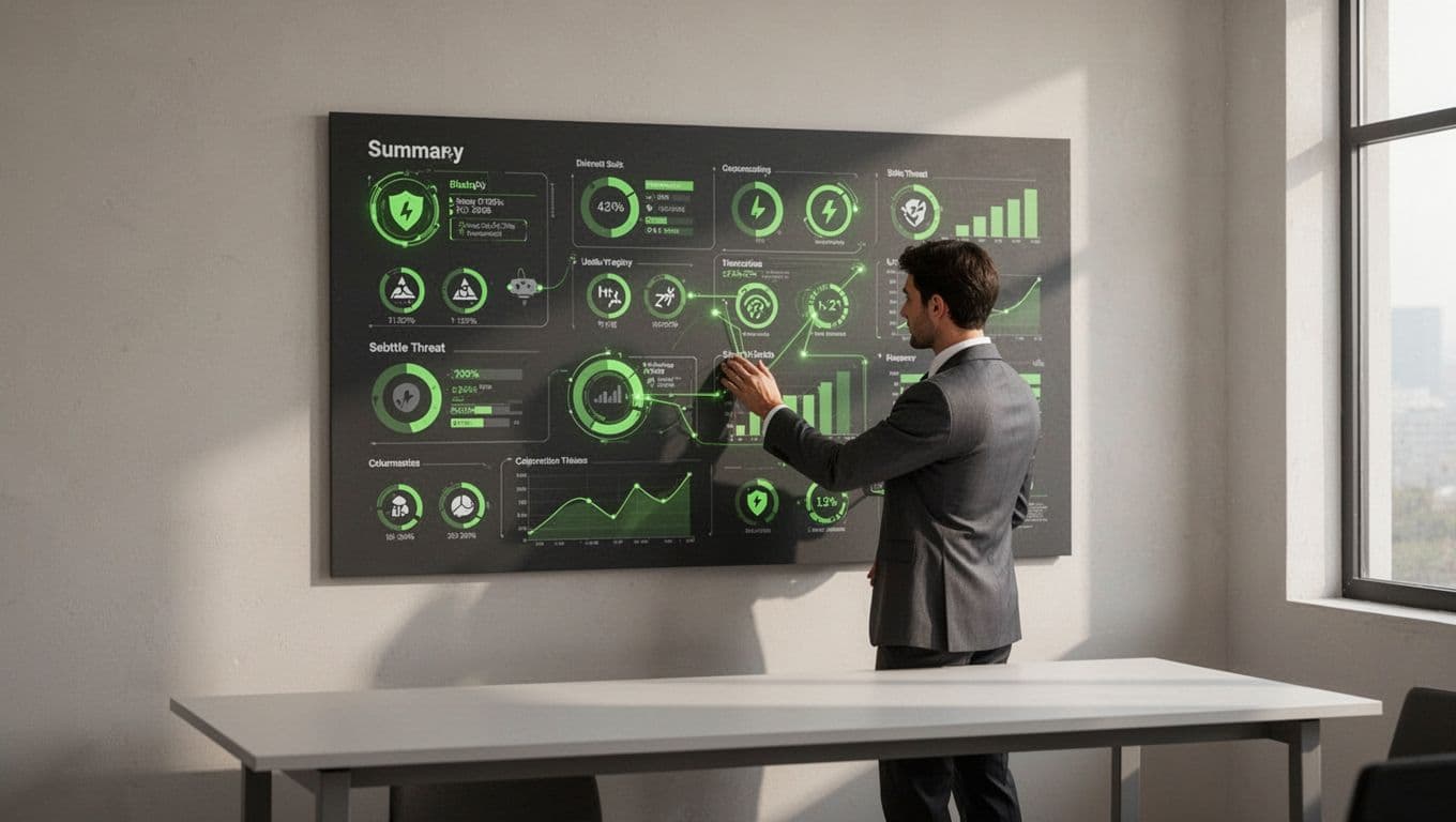 A person organizes digital threat icons and data points onto a minimalist summary board.
