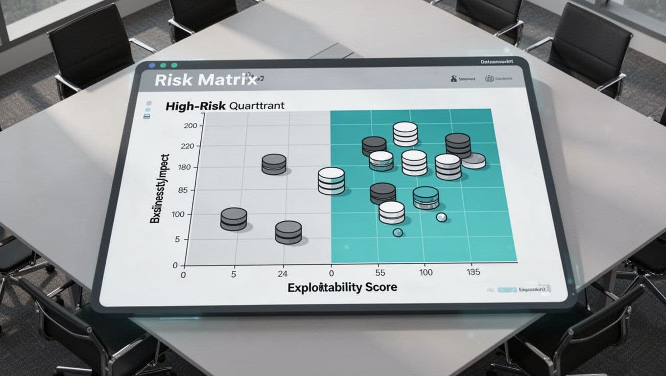 Isometric dashboard on conference table displays risk matrix with PostgreSQL, MySQL, Redis icons clustered in high-risk quadrant, green highlights.