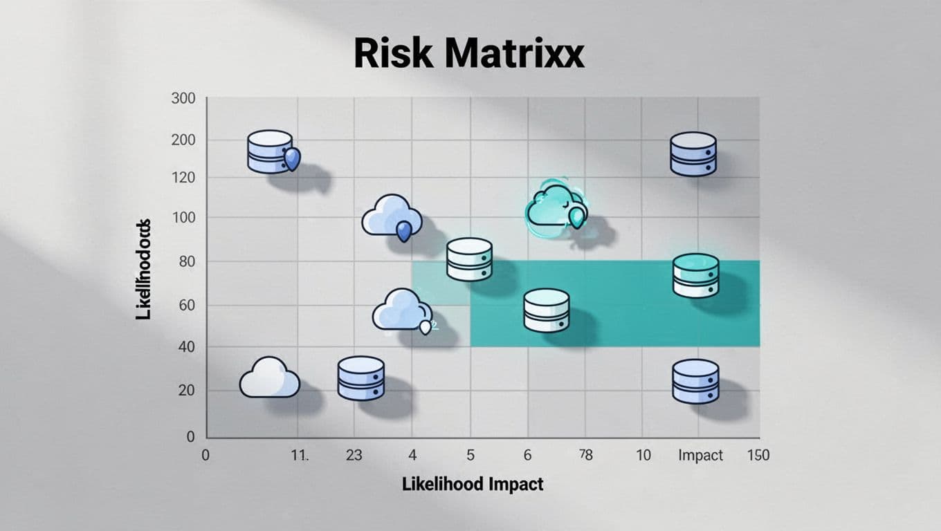 Risk matrix chart plots database exposures by likelihood and impact, green highlights on high-priority items, simple cloud database icons.