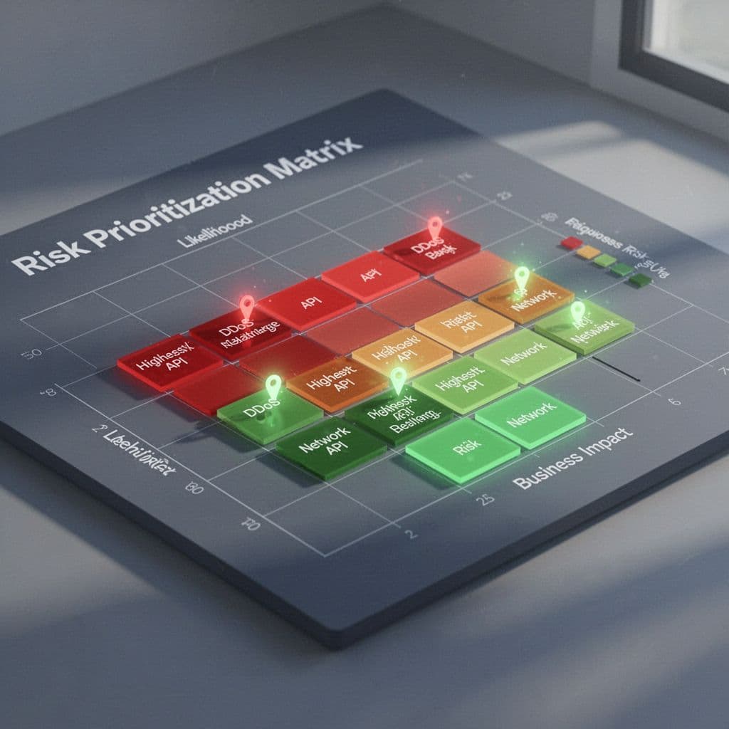 Isometric heatmap grid color-codes DDoS exposures red to green on business impact vs likelihood axes with pins on high-risk API and network points.