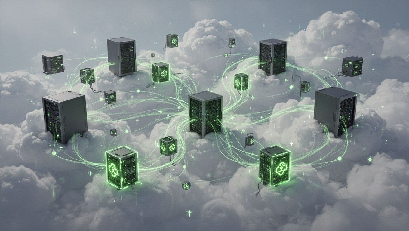 Abstract network with green glowing decoy nodes among cloud servers, connected to SIEM and SOAR icons, flow lines diverting attacker path.