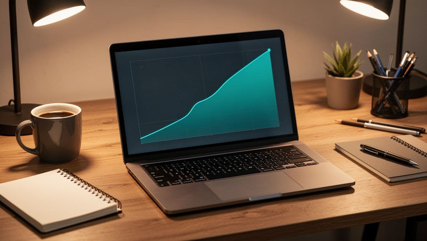Laptop screen shows green declining trend line for third-party incidents amid coffee mug and notebook on desk.