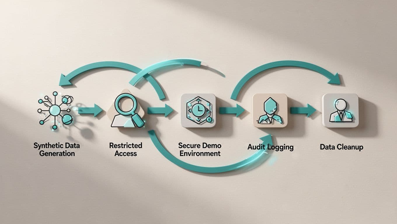 Horizontal diagram with five icons—fake profiles, key-lock, shielded laptop, magnifying glass checklist, recycle bin—linked by curved arrows.
