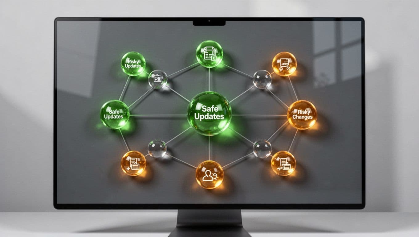 Network diagram on monitor shows package nodes: green for safe updates, caution colors for risky ones.