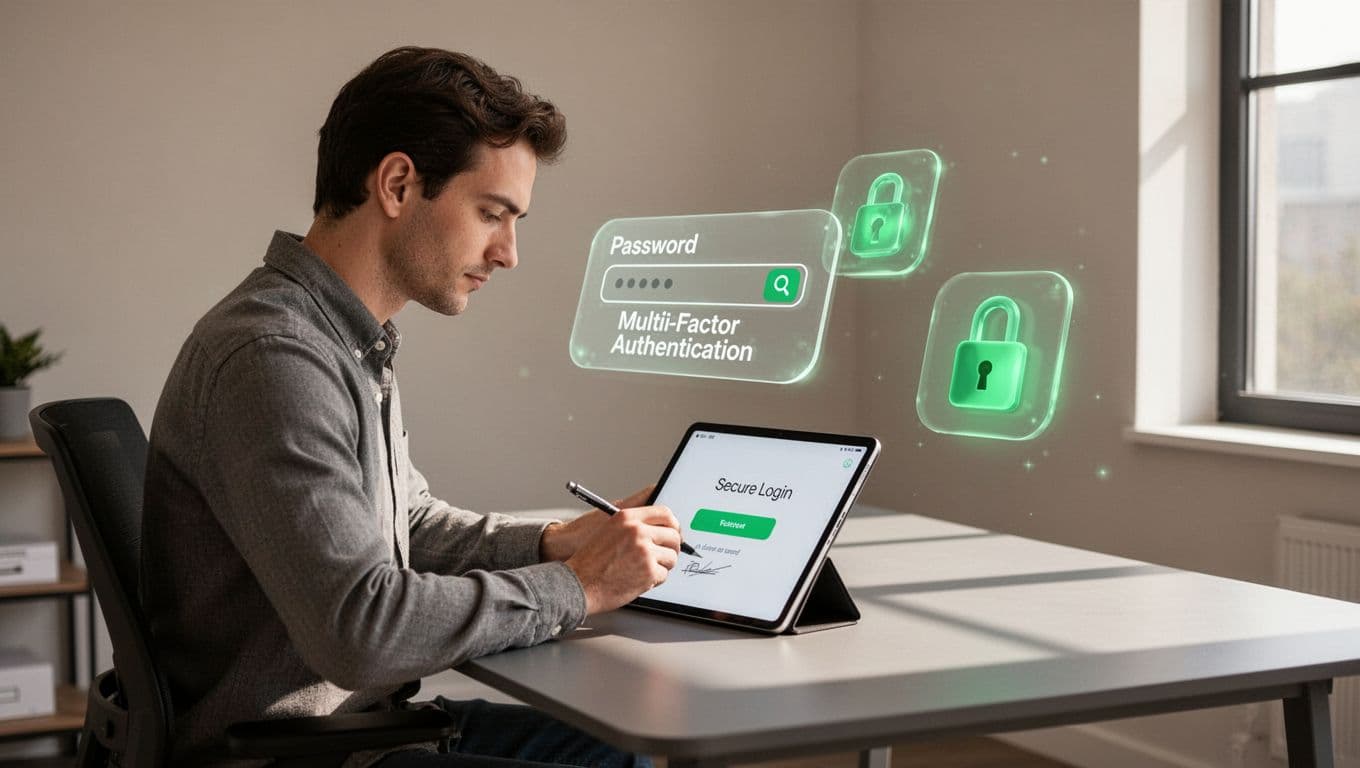 Product designer at desk sketches secure login on tablet with floating password, MFA, and lock icons.