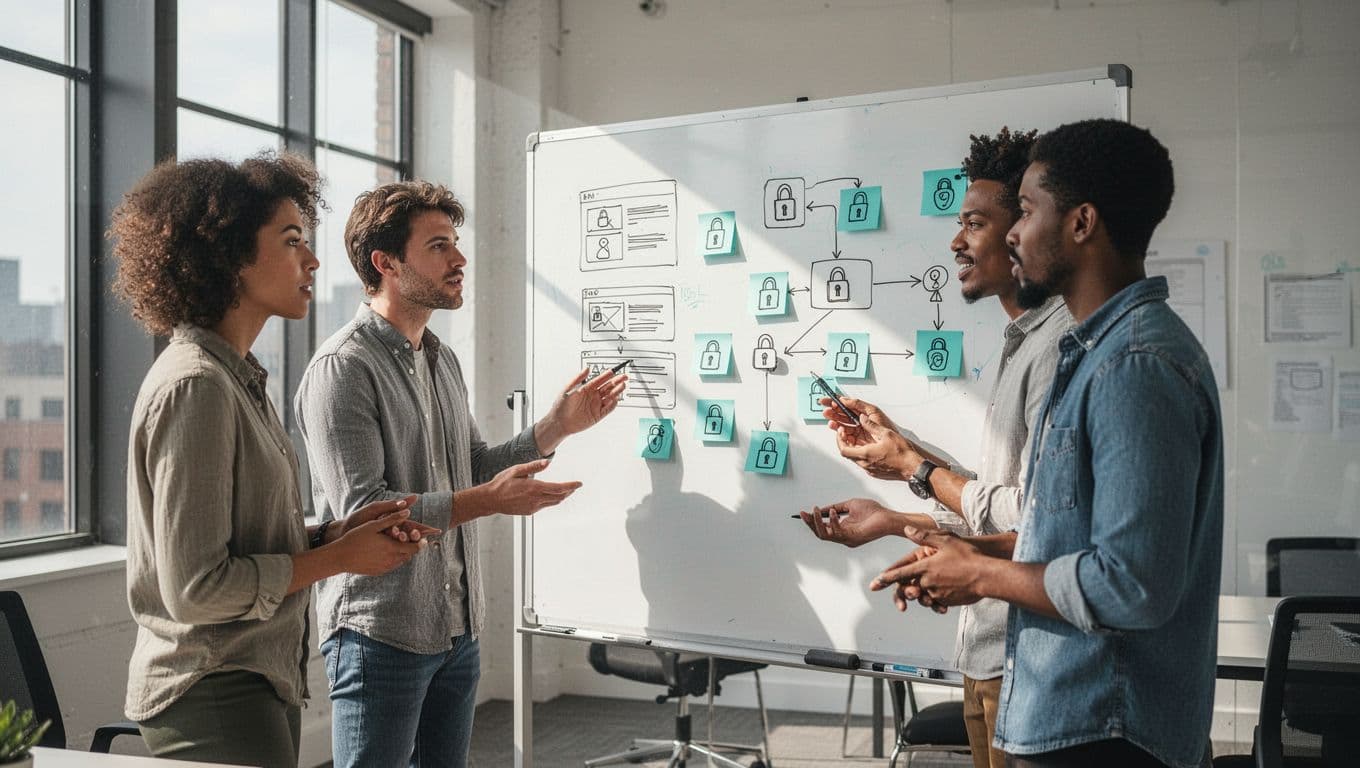 Three diverse designers collaborate on security wireframes and lock icon sticky notes at a conference room whiteboard.