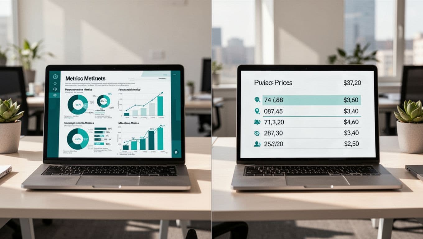 Two side-by-side office desks with laptops: one shows detailed metrics report with graphs, the other a generic price sheet.