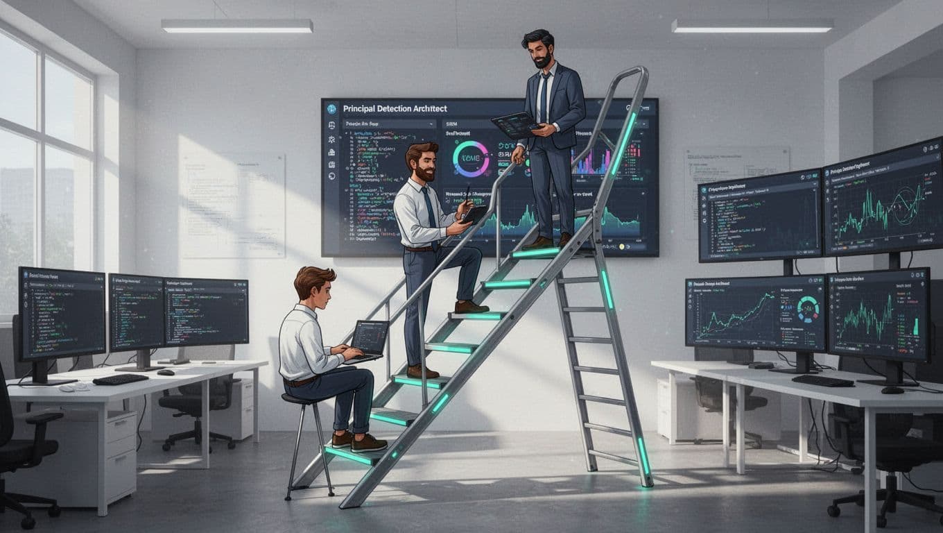 Career ladder shows junior engineer writing rules at base, senior and lead on SIEM dashboard in middle, principal architect overseeing at top in SOC office.
