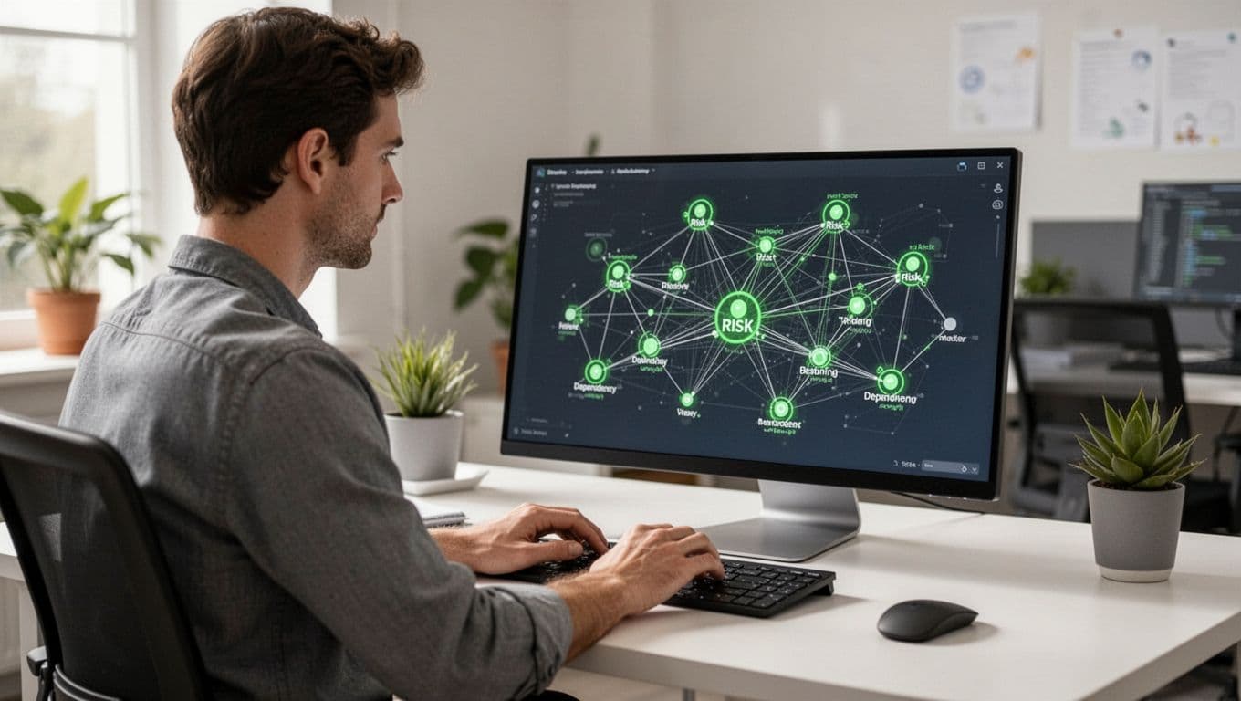 Software developer at desk examines laptop screen displaying dependency graph with green risk highlights.