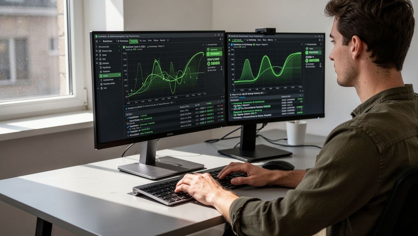 Developer at desk with laptop and screen showing terminal running sanitizers, fuzzing tools, and result graphs.