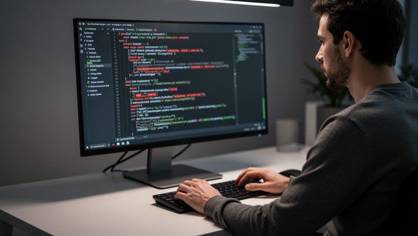 Side view of developer at desk with blurred code screen showing red secret highlights and green safe accents, hand near keyboard.