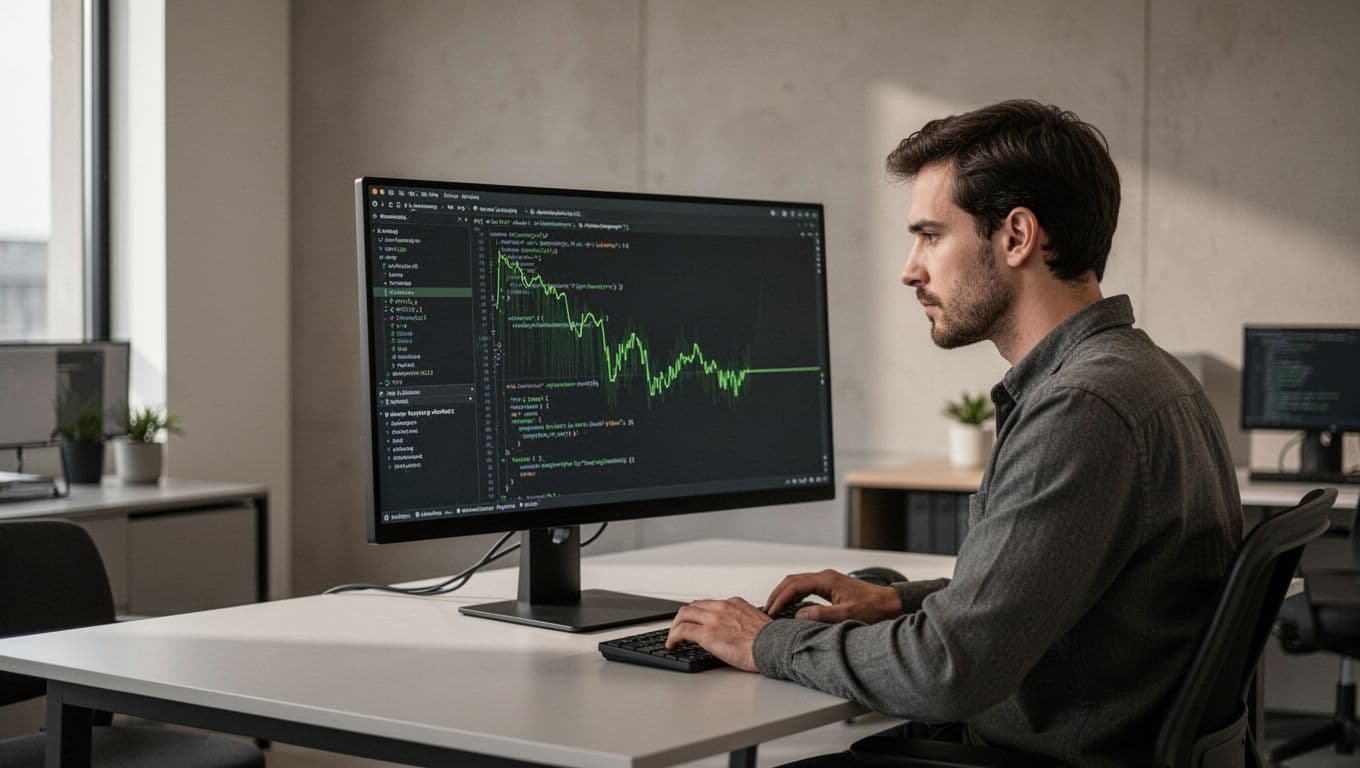 Developer at desk views screen with code, thoughtful expression as green-highlighted memory bug appears.
