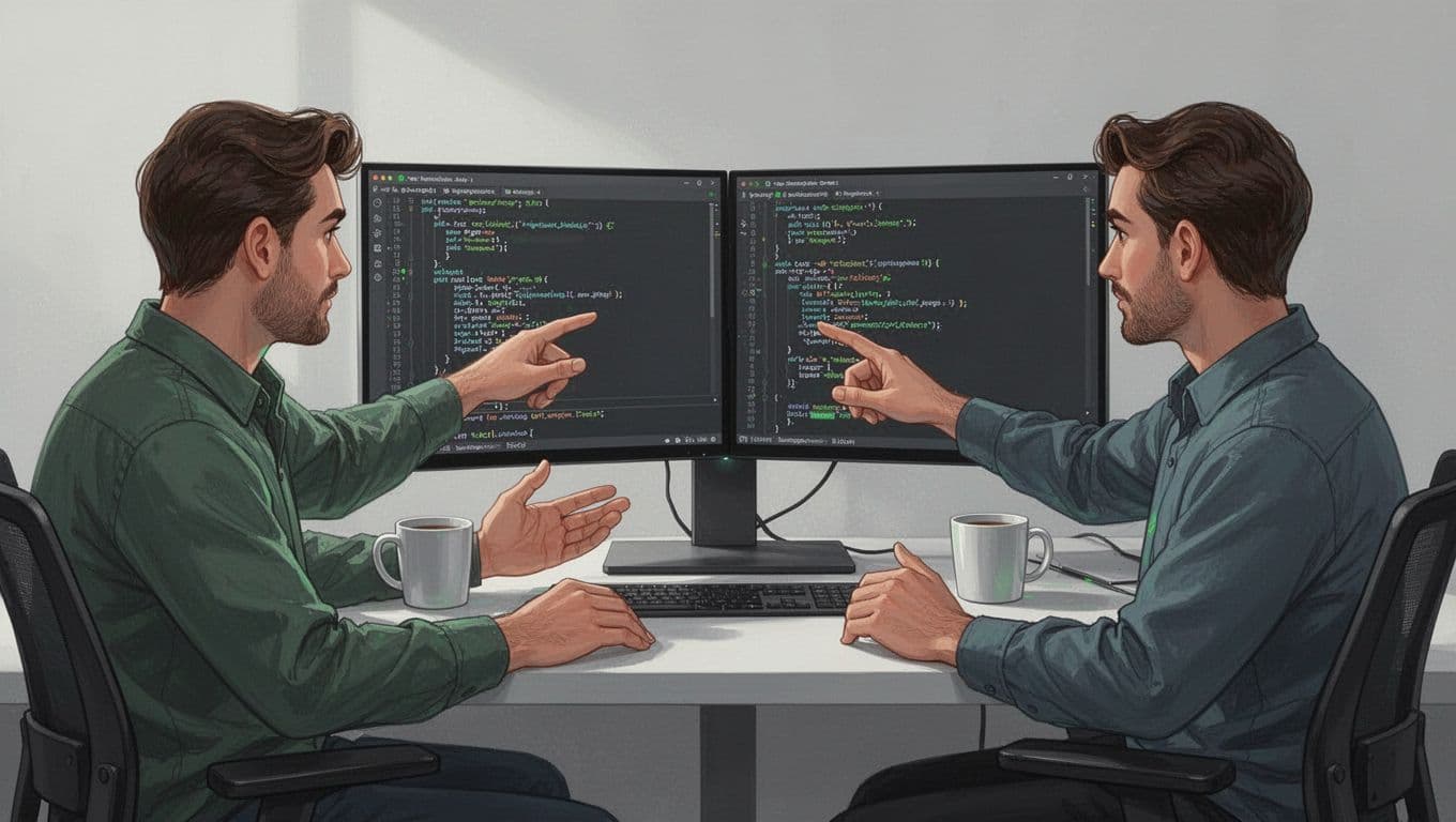 Two developers collaborate on code review using dual monitors, one pointing at open pull request.