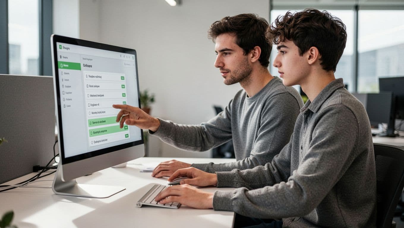 Senior engineer customizes green-highlighted checklist on computer while junior watches in office.