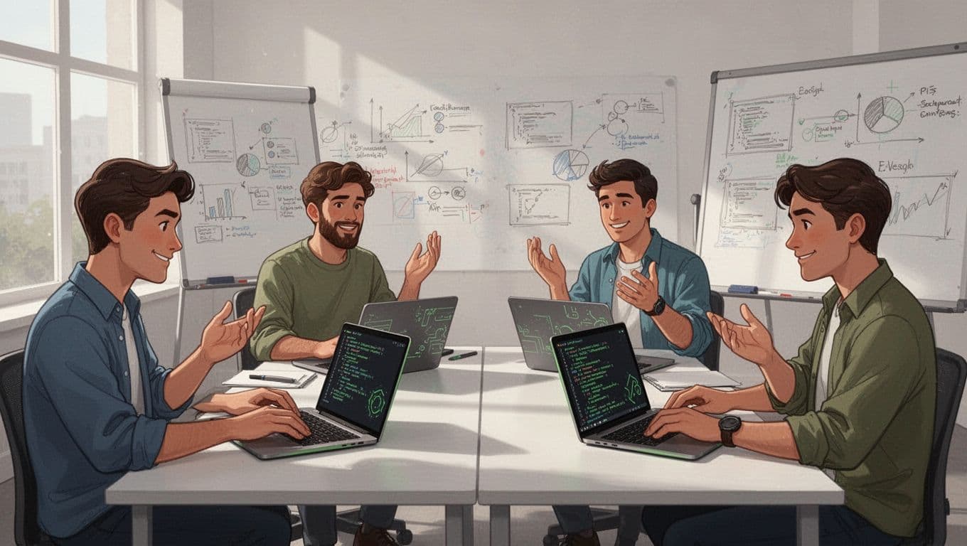 Four developers collaborate on laptops during training workshop with whiteboards.