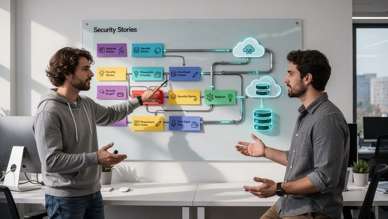 Two developers point relaxed at office desk Kanban board with security stories, CI/CD pipeline icons, and cloud containers highlighted in green.