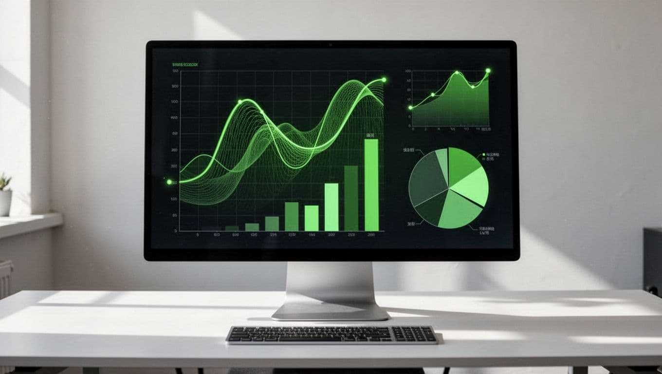 Computer screen displays security dashboard with line charts, bar graphs, and pie charts on office desk with keyboard.