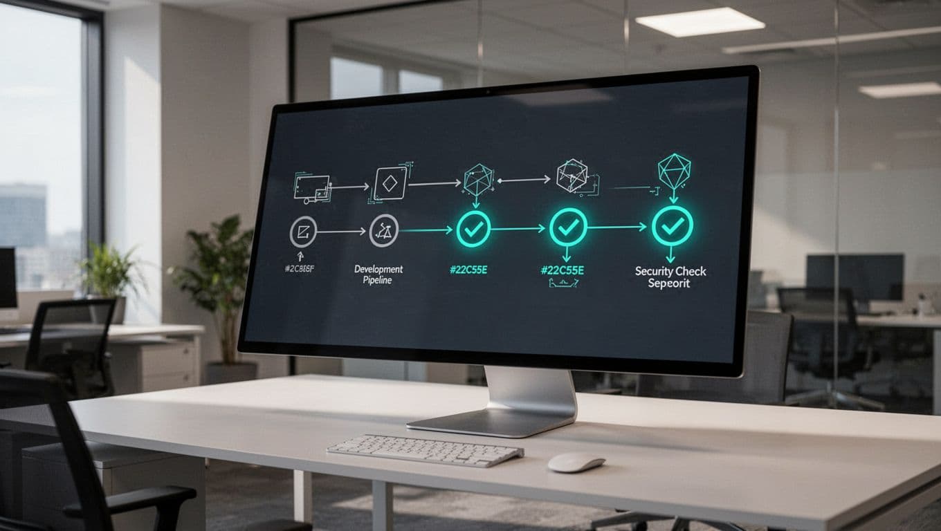 Large monitor in modern office shows linear DevSecOps flowchart with green security checkpoint icons.