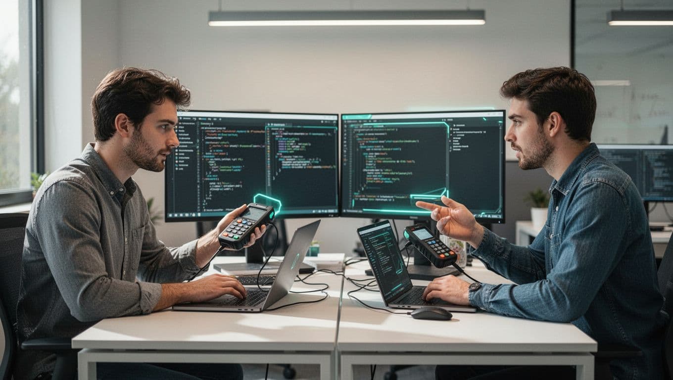 Platform engineer at desk with laptop showing cluster dashboard, security engineer nearby using validation tool in clean office.