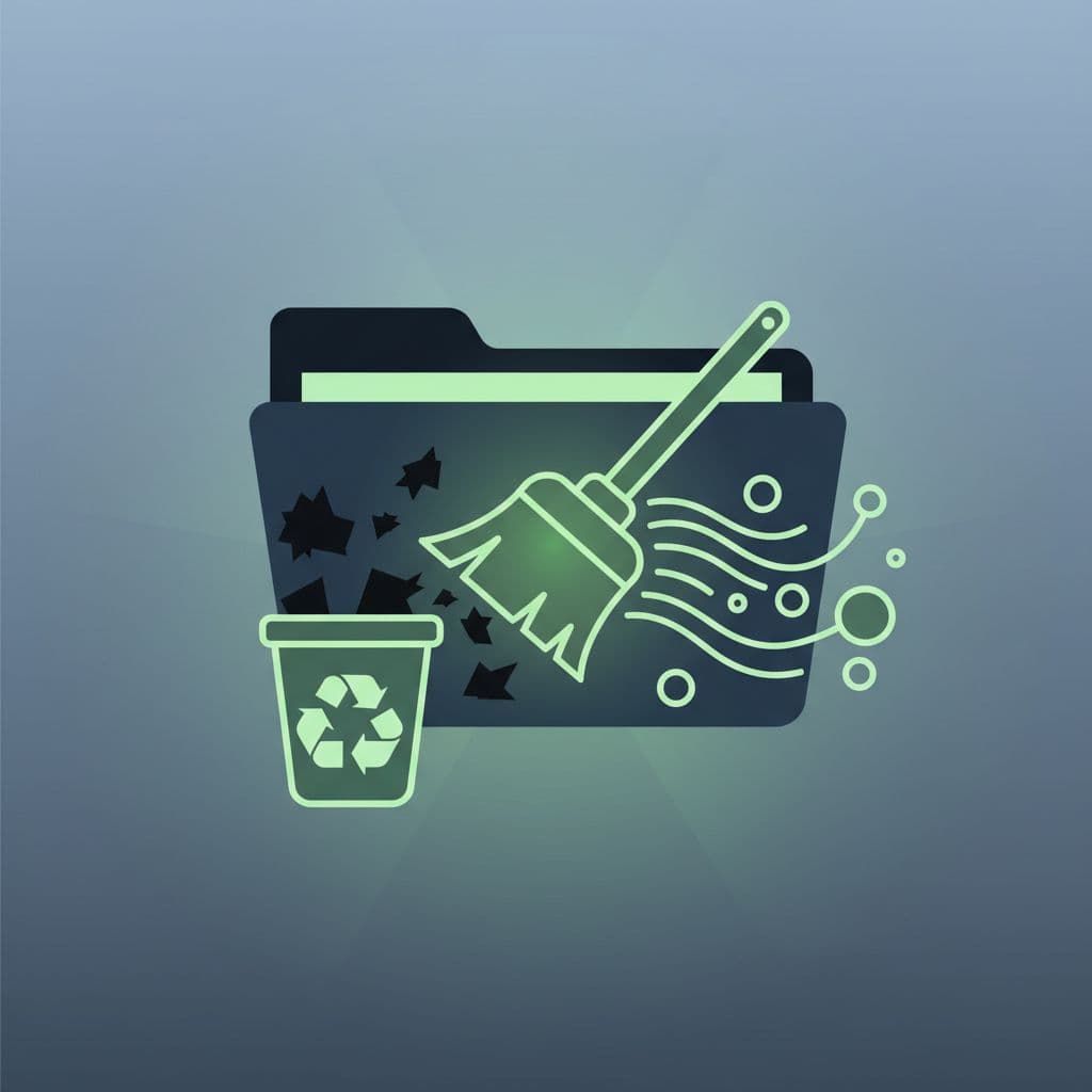 A stylized folder icon sits centered as glowing green particles are extracted from the interior. Sharp geometric shapes and clean lines emphasize a professional process of purging unauthorized and suspicious data.