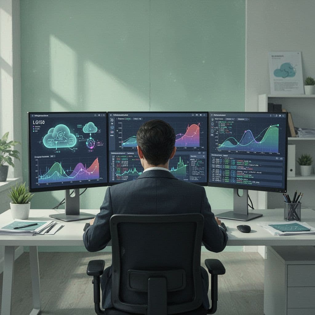 A professional sits at a desk examining abstract cloud infrastructure graphs on dual monitors.