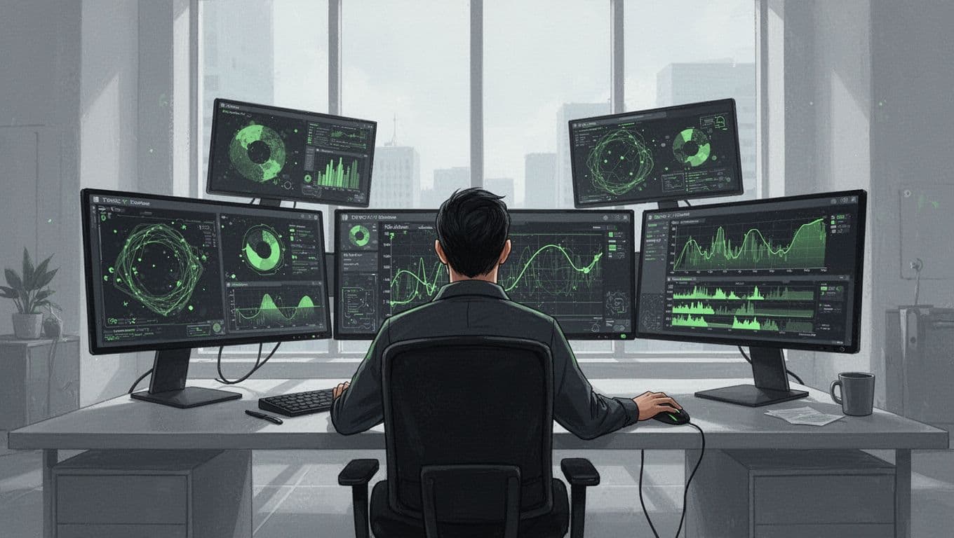 Investigator seated at desk with multiple screens showing data visualizations and timelines in modern office.