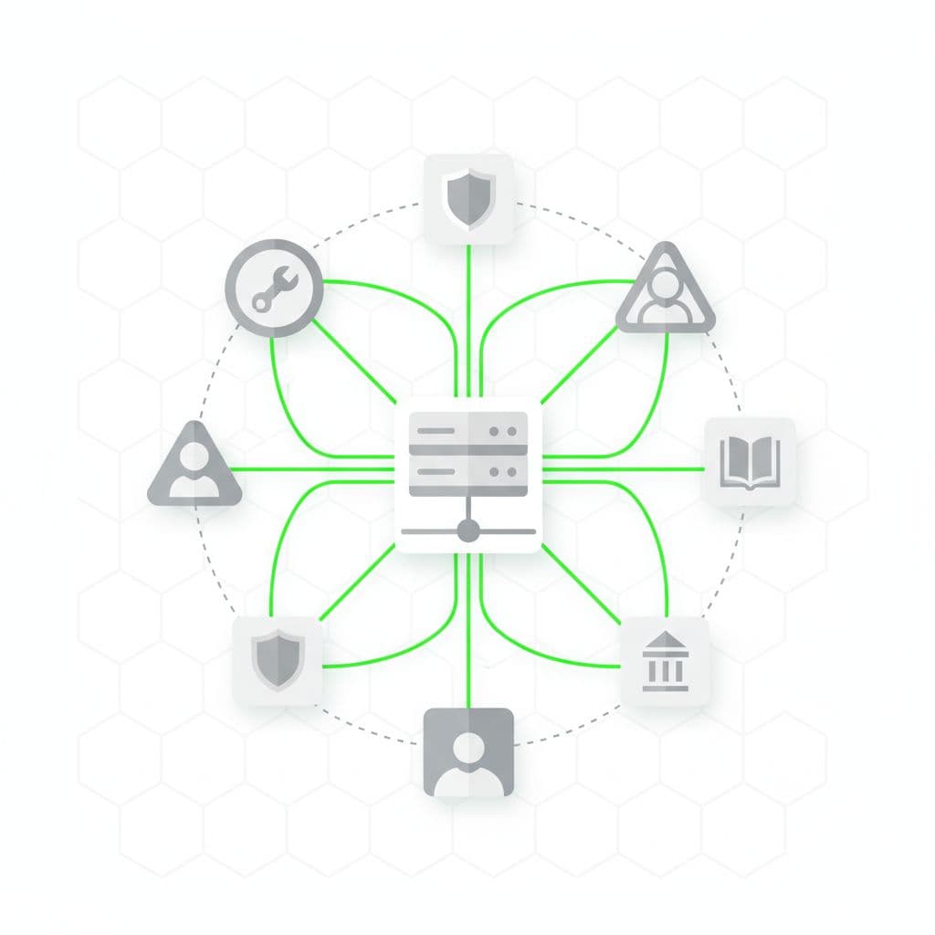 A central server icon connects to various user roles via glowing green lines against a grey background.