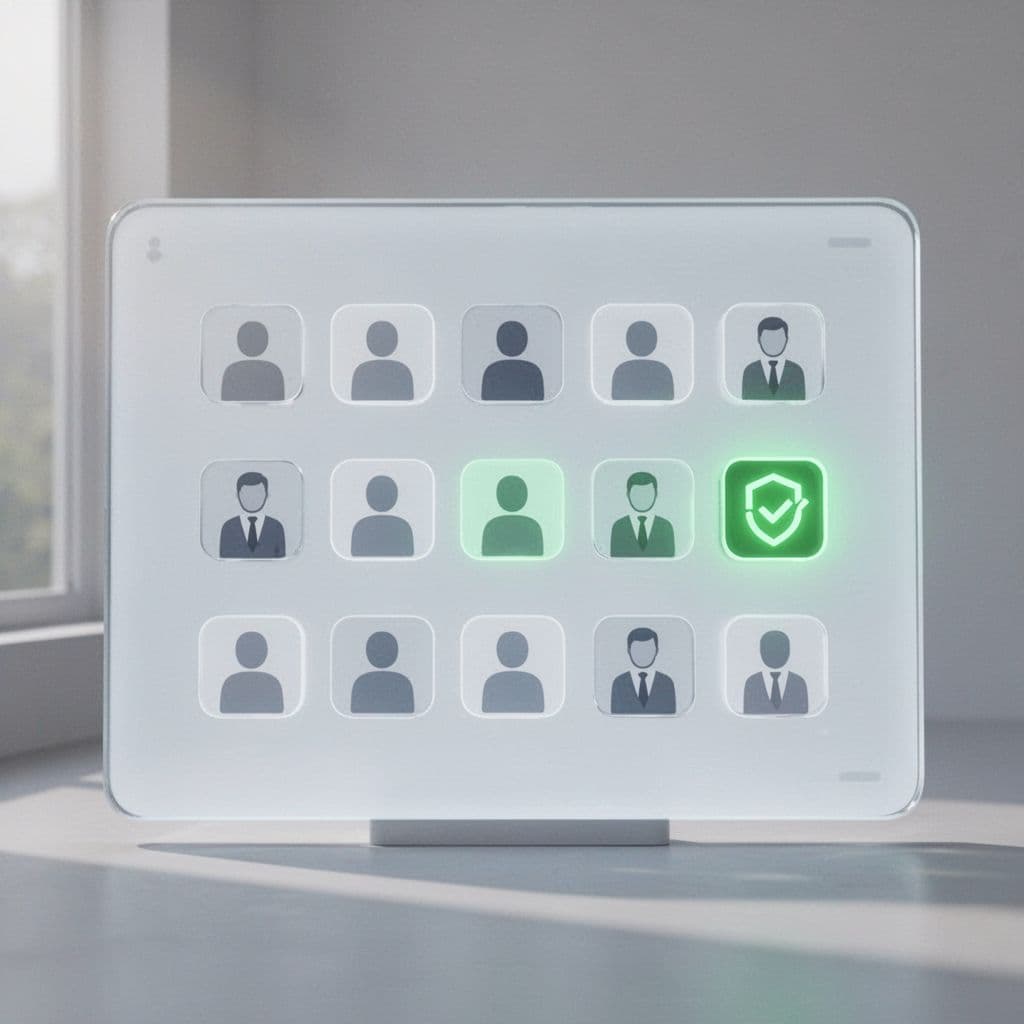 A minimalist interface displays various account icons undergoing a security audit.