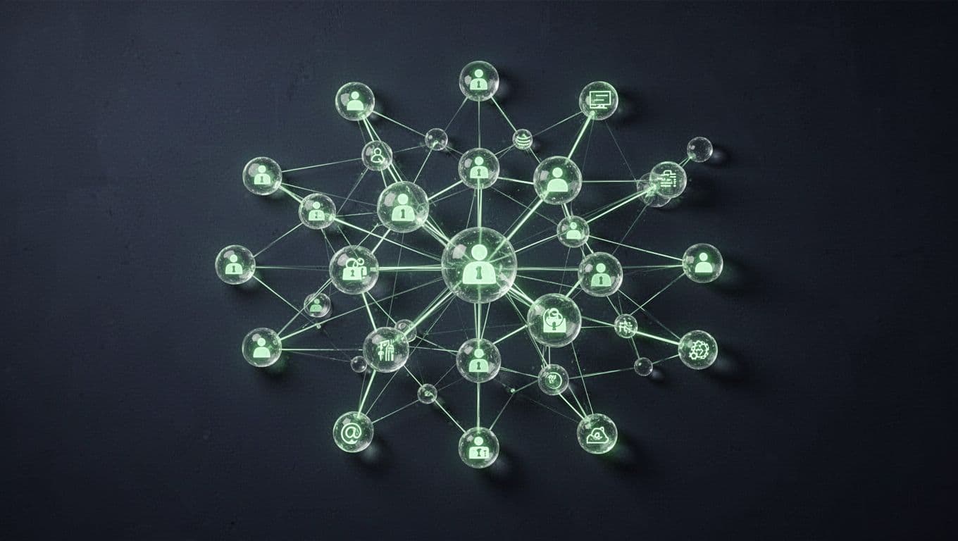 Glowing nodes and lines form an abstract network representing secure digital identity verification.