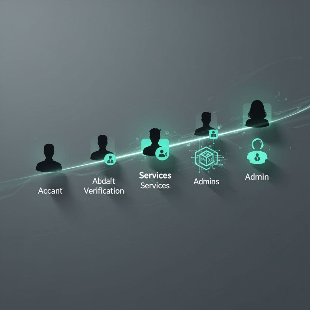 A geometric line scans various icons representing user accounts and administrative roles in a clean, structured interface.