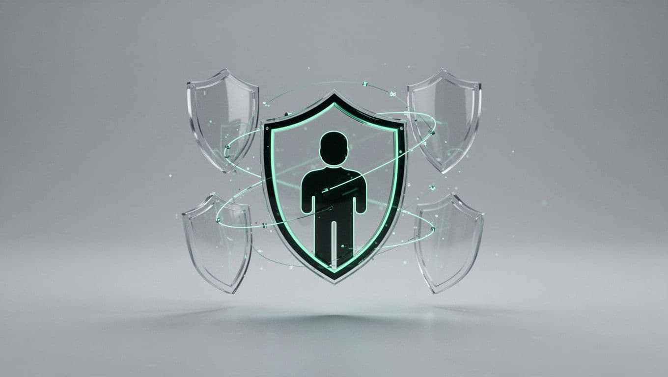 A central user icon surrounded by glowing green shields representing identity verification on a grey background.