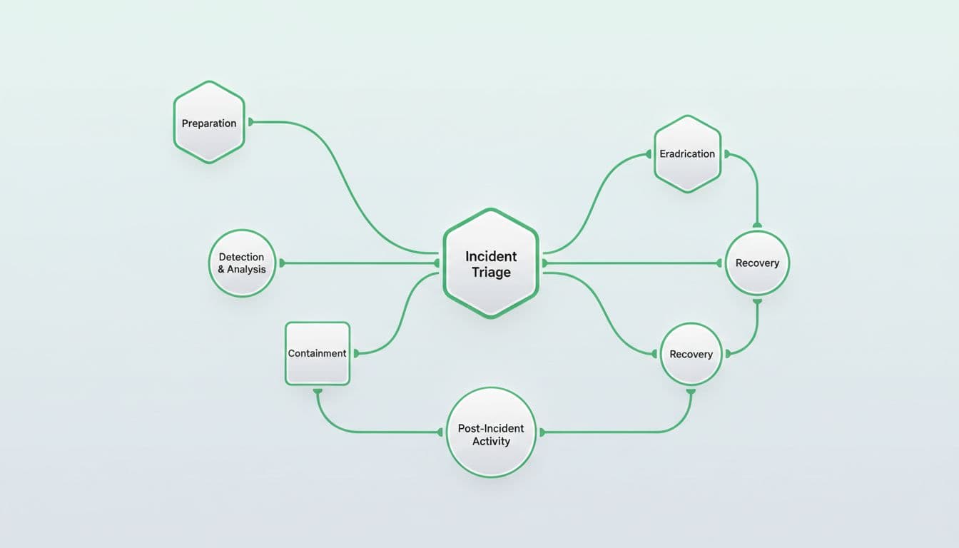 A minimalist illustration shows interconnected digital nodes representing an organized security process with green accents.