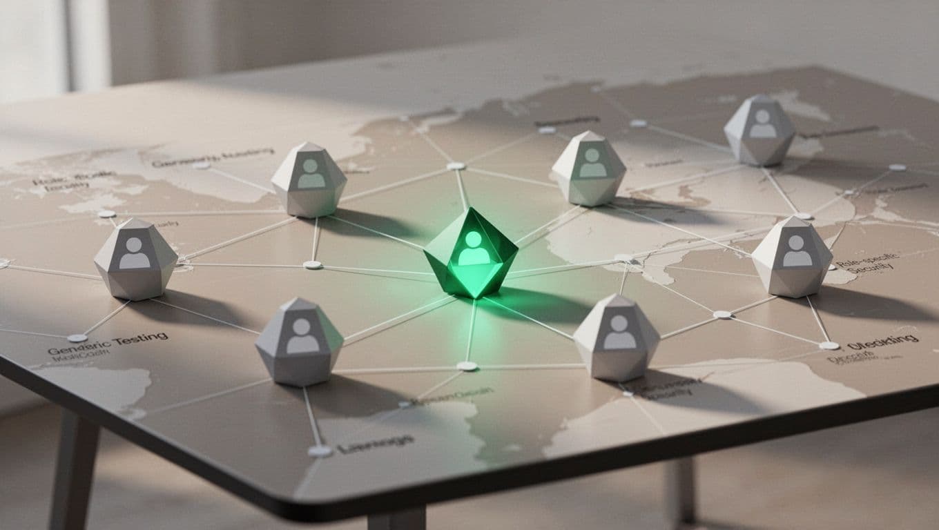 A minimalist digital map features connected nodes with one specific user role highlighted in bright green.