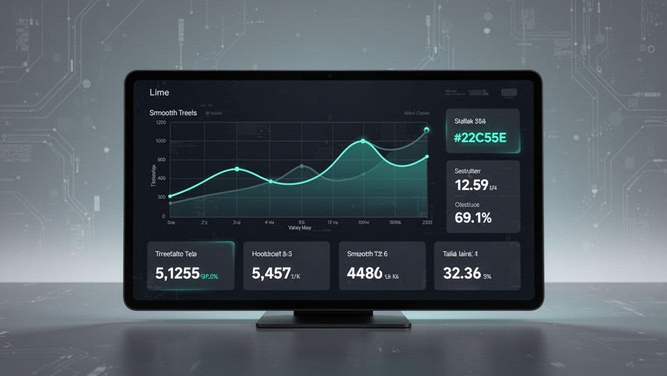 Clean digital dashboard shows simple trend lines and metric blocks with green accents.