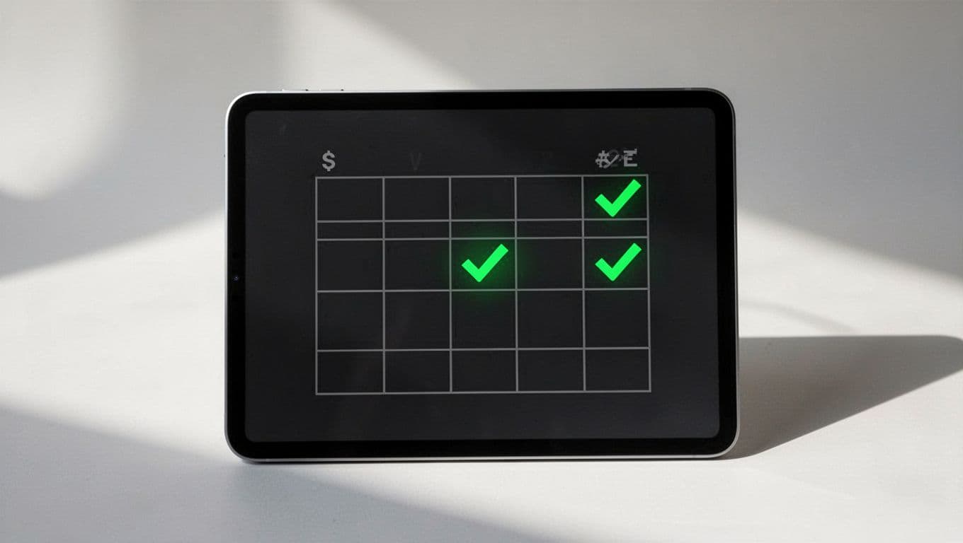 A digital tablet displays a green scorecard icon featuring structural checkmarks.