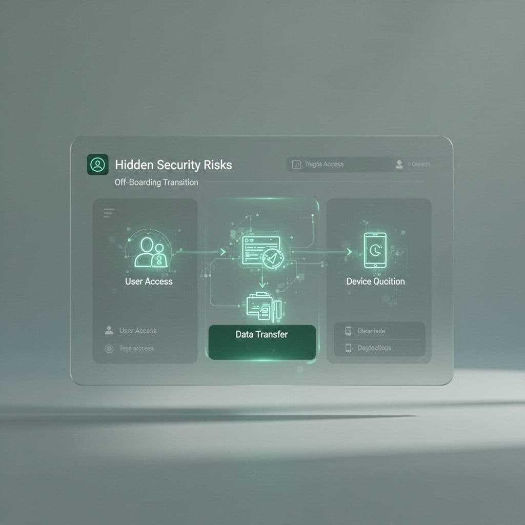 A minimalist dashboard displays glowing icons for user access, data transfers, and connected devices in green.