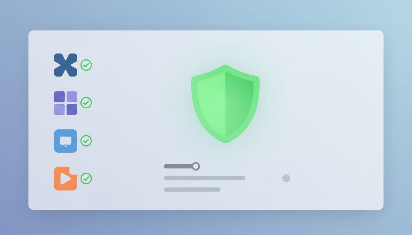 A flat graphical interface displays rows of software icons marked with green checkmarks. A large, bright green shield icon stands out prominently in the center to signify robust protection status.