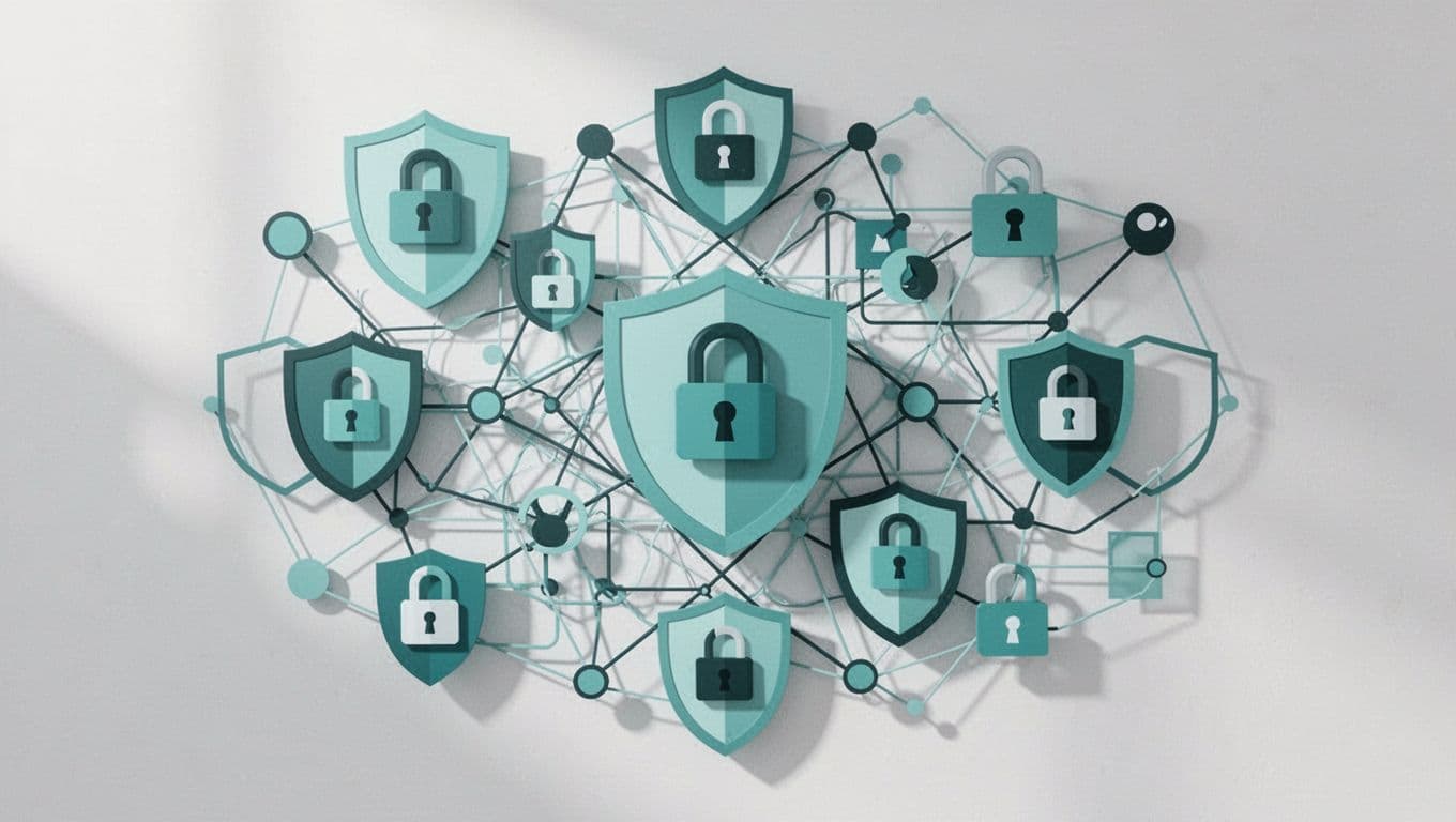 Disorganized web of overlapping digital security icons and shapes on minimalist background.