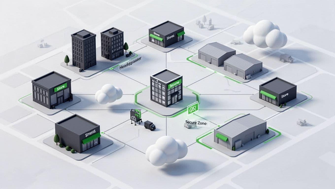 Abstract overhead map of connected retail stores, warehouses, HQ, and cloud services with green secure zone highlights.