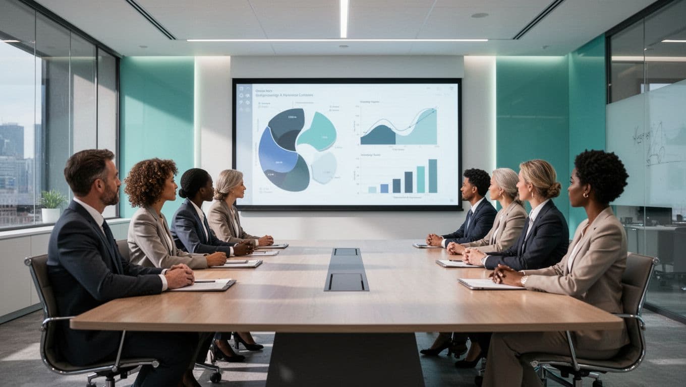 Diverse board members sit around a conference table viewing charts on a screen.