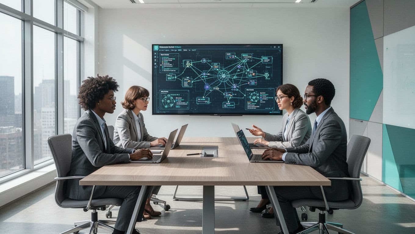 Four diverse team members collaborate around a table with laptops and a screen displaying network diagrams.