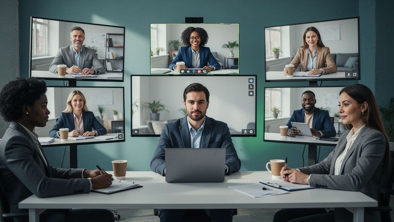 Five diverse cybersecurity professionals in virtual video call, one leading at desk with laptop, others on screens with coffee or notes.