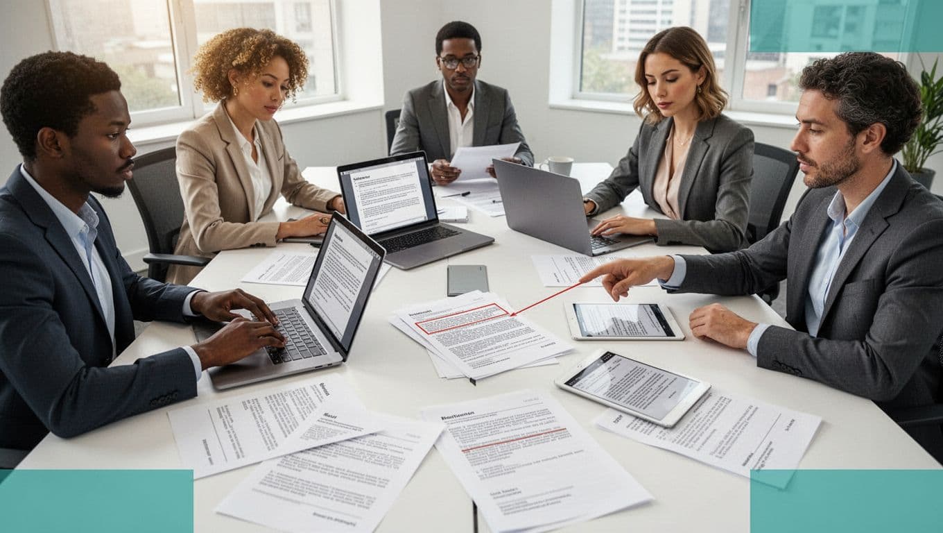 Five diverse lawyers in conference room review contracts on two laptops, tablet, and papers; one points to cyber risk clause.