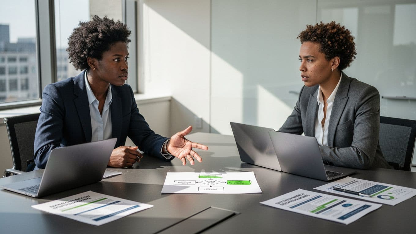 Five diverse legal professionals seated around a conference table with laptops and data breach documents, one gesturing to a green-highlighted flowchart.