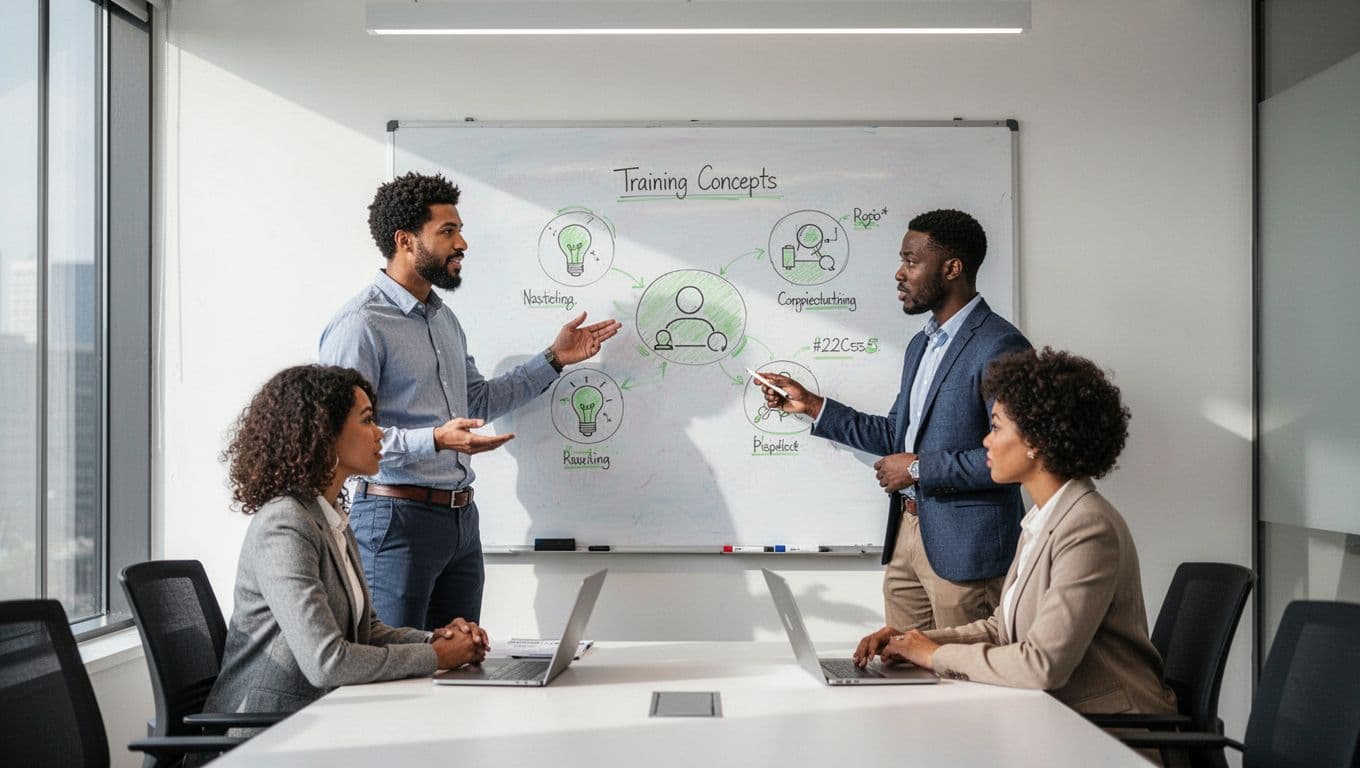 Four diverse marketers, two standing and two seated, discuss training materials on a whiteboard with green checklist icons.