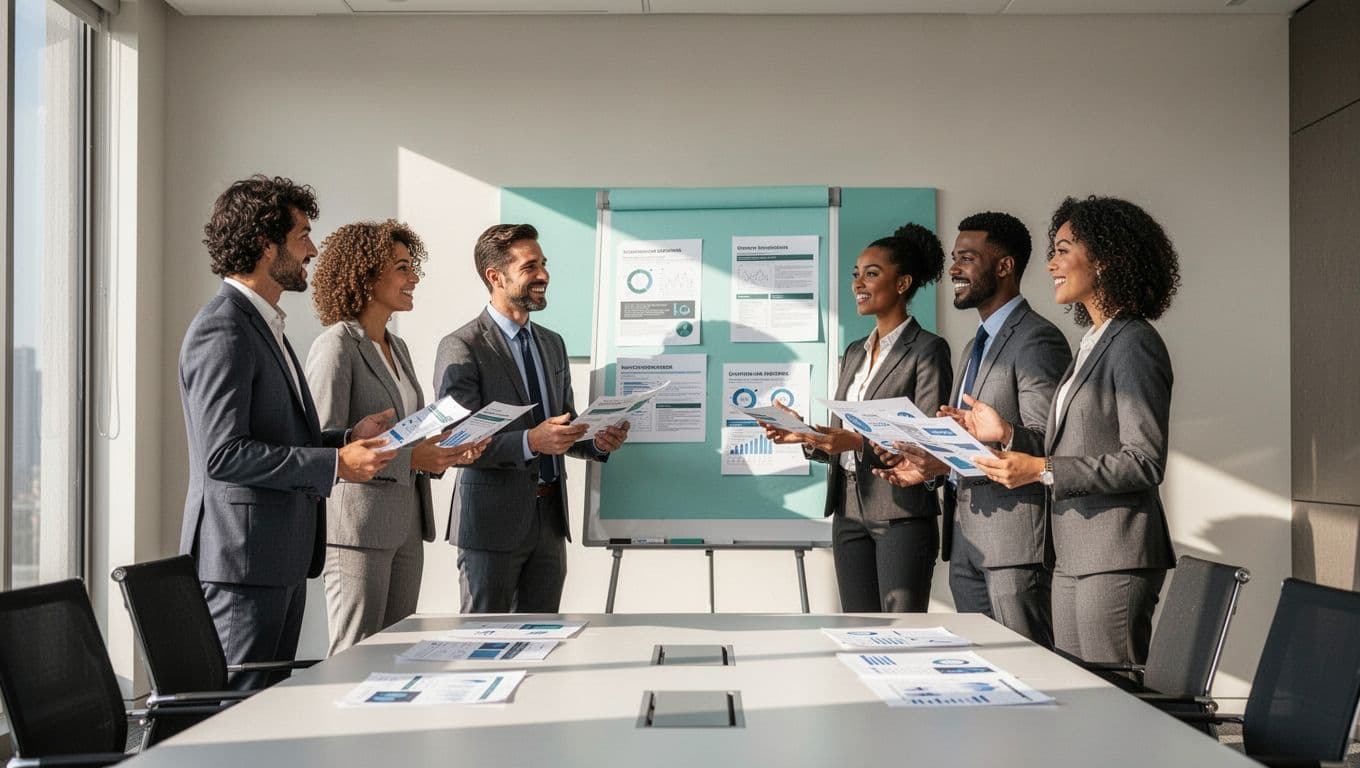 Five diverse procurement professionals discuss scenarios with flipchart and handouts in a conference room.